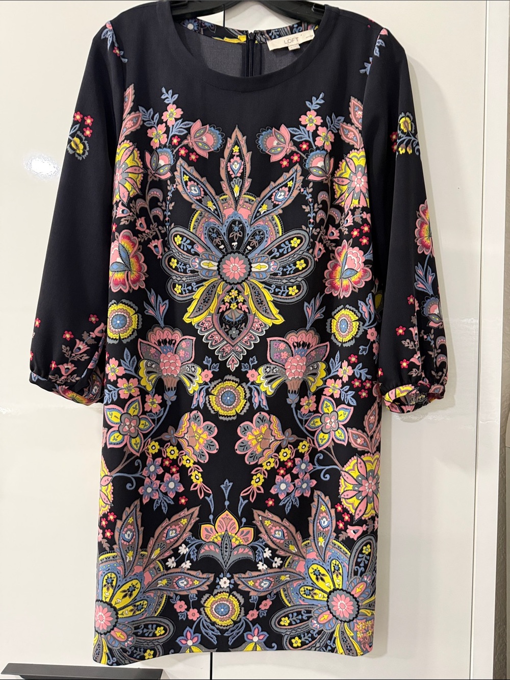 LOFT Black Long-Sleeve Floral Paisley Shift Dress with Pink & Yellow Accents